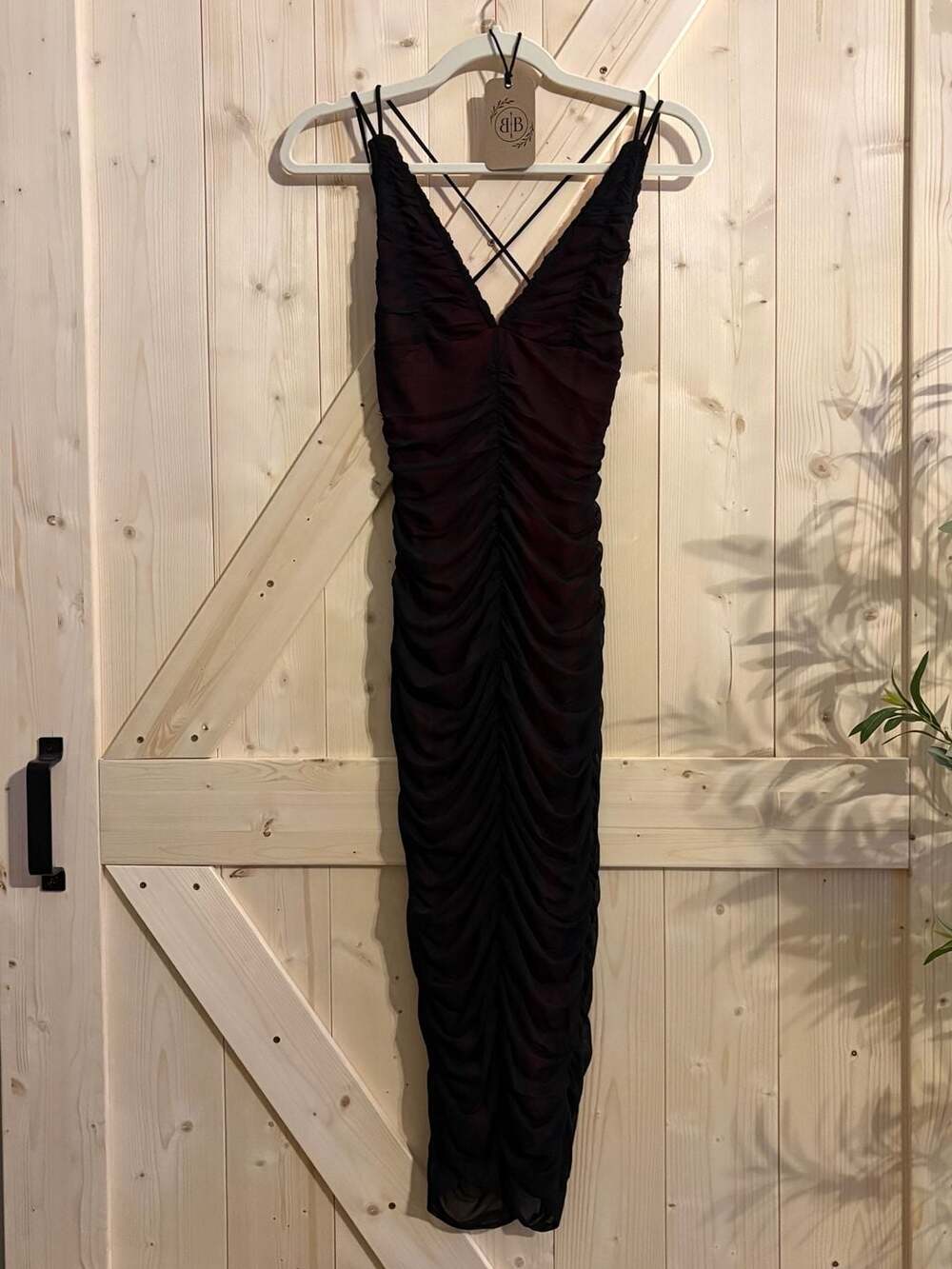 Red and Black Mesh Ruched Bodycon Midi Dress with Criss-Cross Back